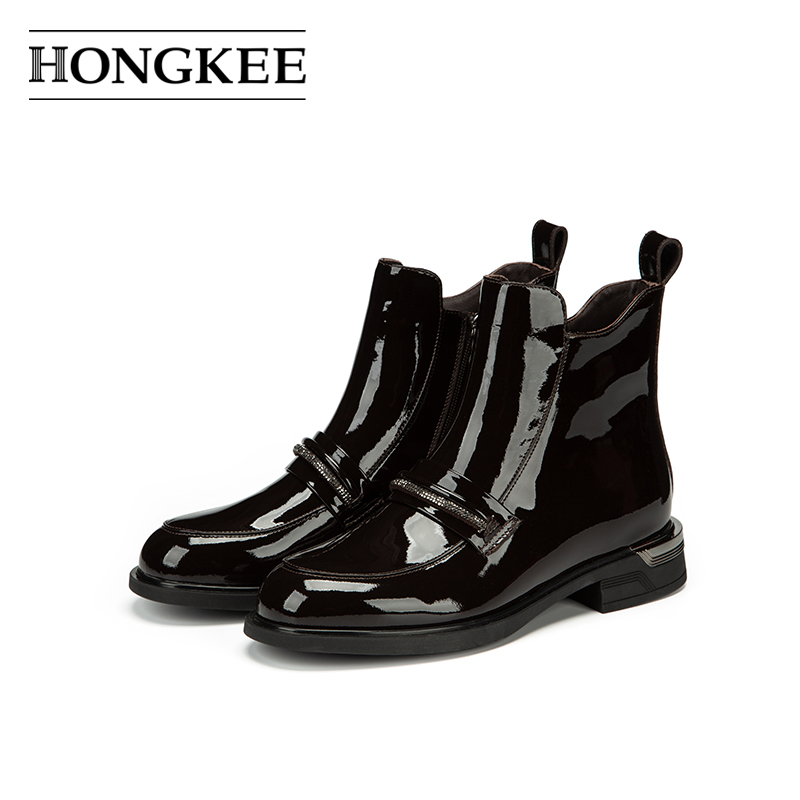 Hongkee/红科2025新款女靴英伦风低跟牛漆皮时装短靴H795D400