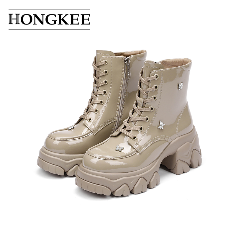 Hongkee/红科靴子女2024秋冬新款厚底粗跟亮面时尚短靴HA84M404