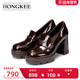 Hongkee H816D103 漆皮粗跟气质职业单鞋 红科高跟鞋 女2026年春季