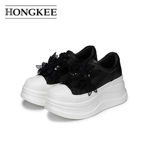 Hongkee/红科单鞋女2026新款圆头厚底板鞋蕾丝甜美休闲鞋HC56X109