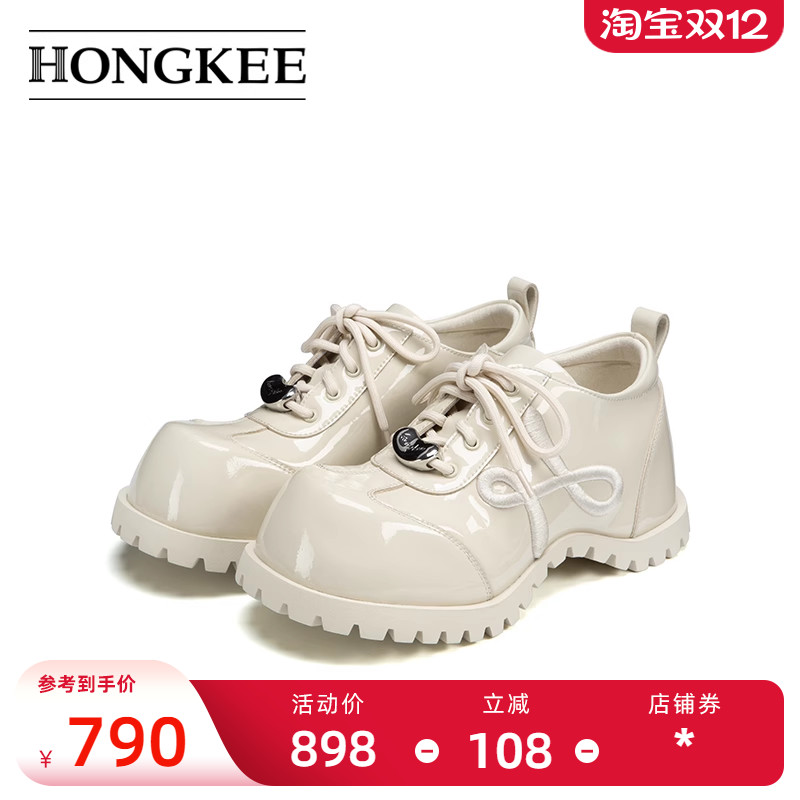 Hongkee/红科女鞋新款2025秋厚底内增高时尚圆头系带单鞋H805D316