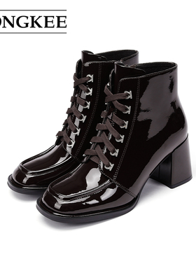 Hongkee/红科女靴新款亮面高跟短靴优雅方头粗跟时装靴子HA84S418