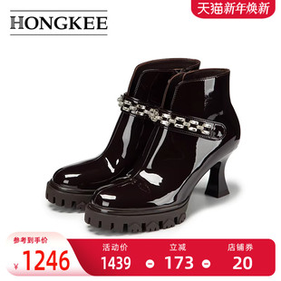 女靴时尚 时装 V口防水台高跟短靴子H075M400 红科2025新款 Hongkee