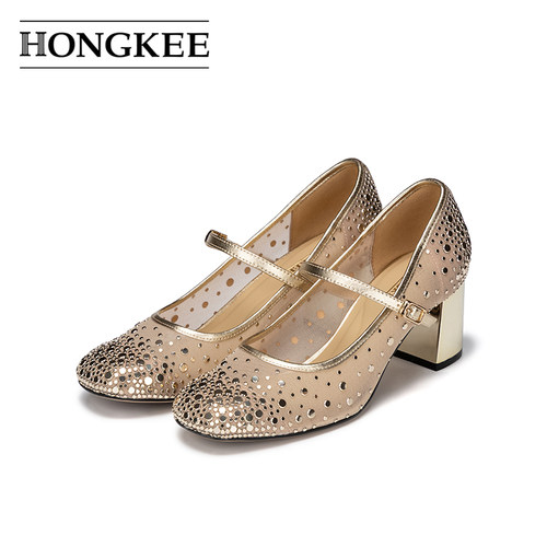 Hongkee/红科高跟鞋夏季新款粗跟女鞋时尚网面透气玛丽珍HA86S202