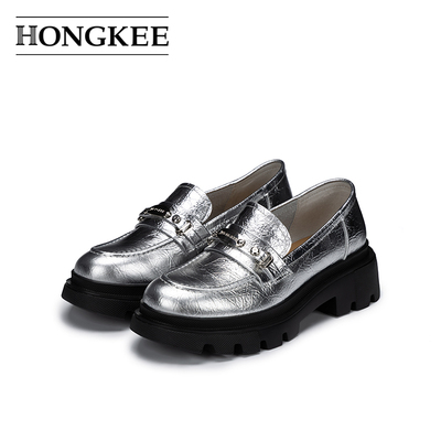 Hongkee/红科女鞋2026春季新款粗跟厚底乐福鞋女款小皮鞋H816D100