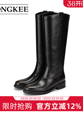 Hongkee/红科长筒靴女2025秋冬新款粗跟牛皮黑色高筒女靴HC25S410