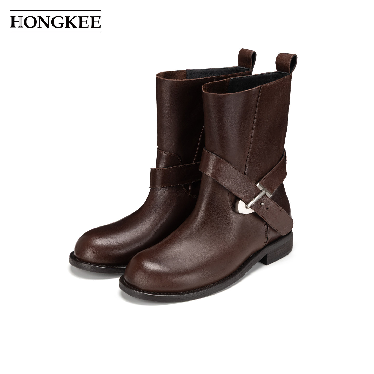 Hongkee/红科靴子女款2026新款低跟帅气短靴皮带扣骑士靴H746D404