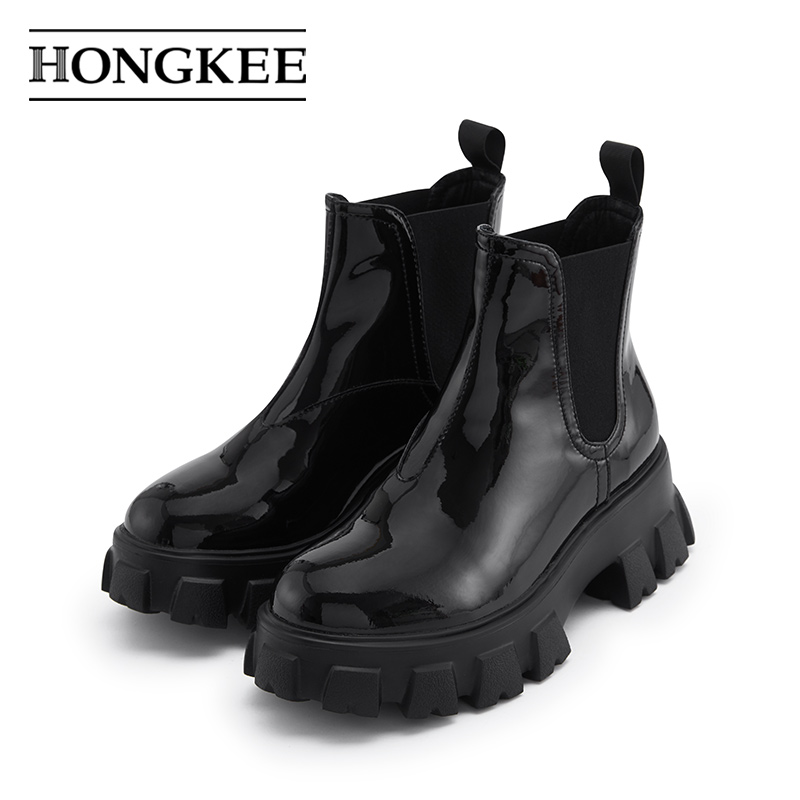 红科hongkee圆头漆皮切尔西靴
