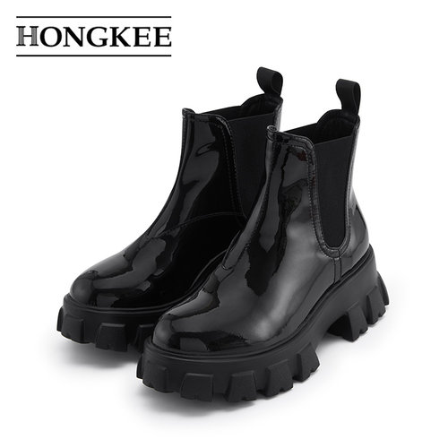 红科hongkee圆头漆皮切尔西靴