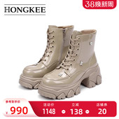 短靴HA84M404 厚底粗跟亮面时尚 Hongkee 红科靴子女2024秋冬新款