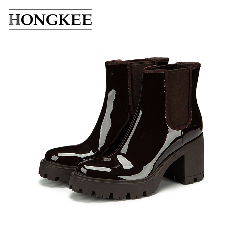 Hongkee/红科切尔西短靴2025新款高跟粗跟套筒简约女靴子H075S418