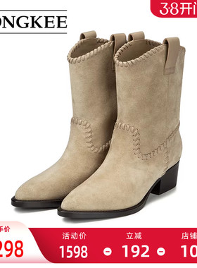 Hongkee/红科靴子女2025新款复古尖头西部靴粗跟个性短靴HC25S404