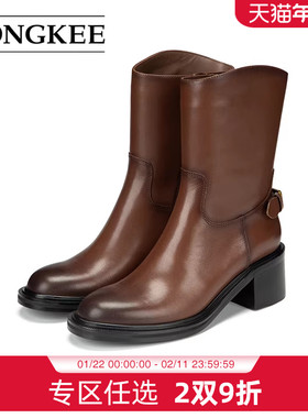 Hongkee/红科女靴2025新款牛皮英伦风粗跟帅气短靴骑士靴HC25S412