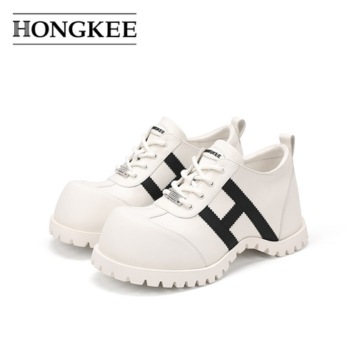 Hongkee/红科2025新款时尚女鞋系带复古牛皮内增高小皮鞋H805D104