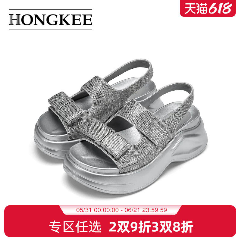 Hongkee/红科凉鞋女款2024新款水钻宽带厚底仙女风夏女鞋H074S201