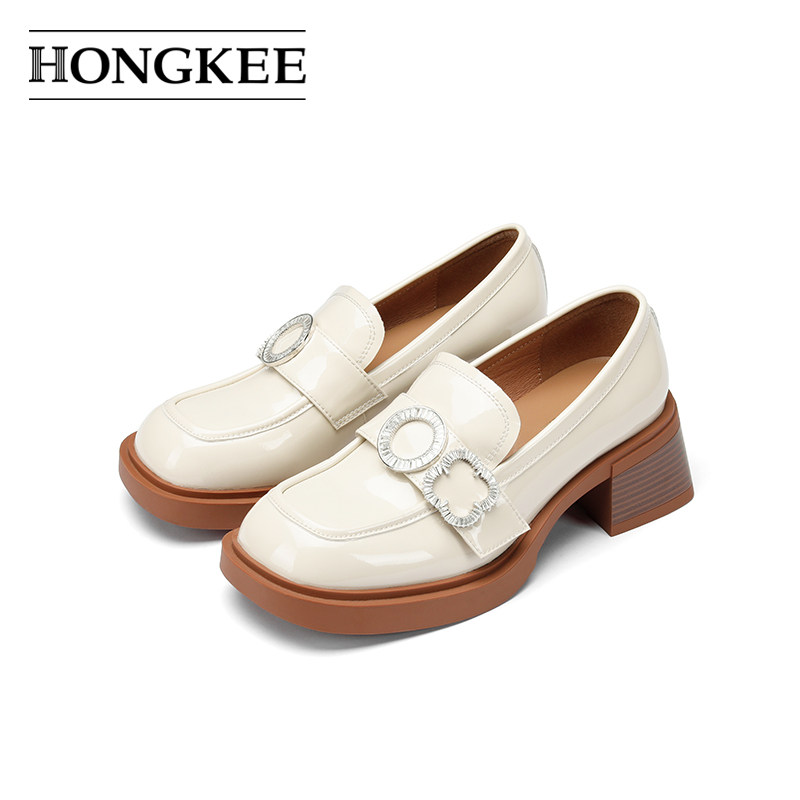 Hongkee/红科单鞋女2024春季新款女鞋简约舒适粗跟乐福鞋HA54S100