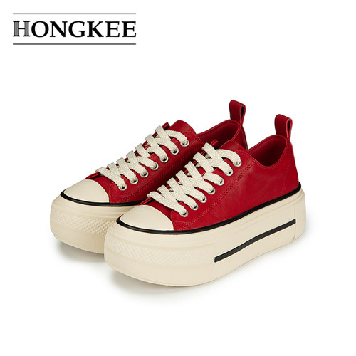 Hongkee/红科单鞋女2025新款休闲时尚小个子系带厚底板鞋H555X300