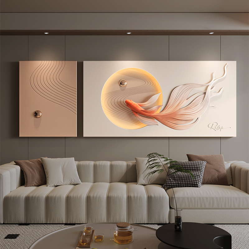 新中式轻奢立体装饰画客厅沙发两联横版浮雕画挂画灯光现代高级感图片