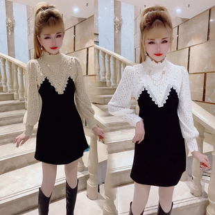 网红连衣裙女2022秋冬季 蕾丝拼接气质名媛设计感女神范打底裙 新款