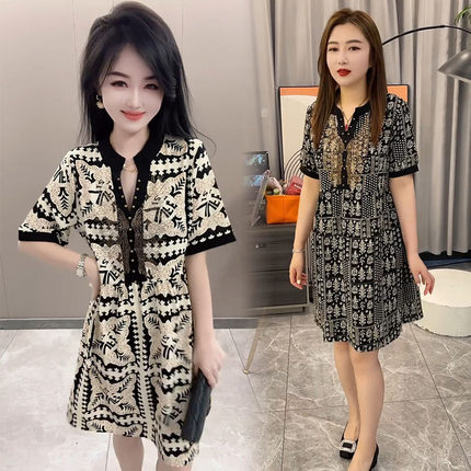欧货连衣裙女2024夏季新款气质收腰烫钻花色中长款大码显瘦衬衫裙