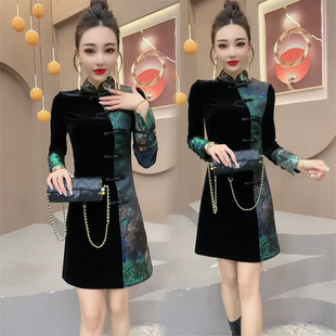 拼色国风盘扣丝绒拼接新中式 气质修身 连衣裙 新款 旗袍裙女2024春季