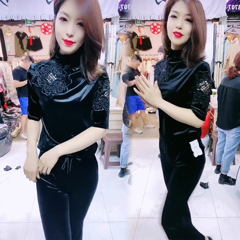 秋冬新款丝绒T恤蕾丝小衫上衣