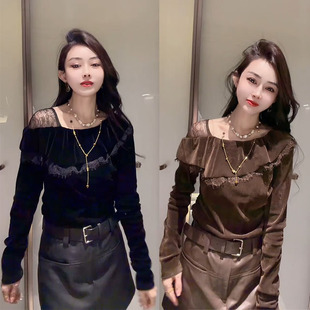 网红丝绒t恤女2026秋新款设计感蕾丝拼接不对称荷叶边上衣打底衫