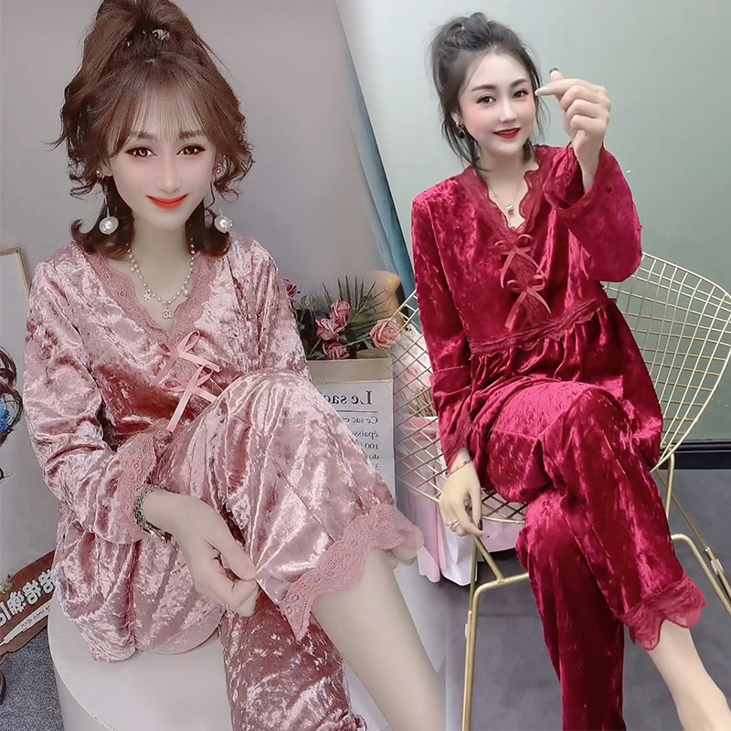 女钻石绒花边蝴蝶结睡衣家居服