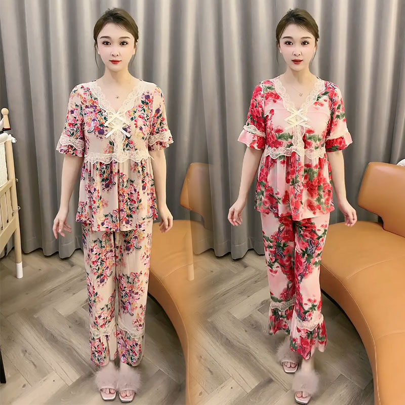 睡衣女夏季新款荷叶边韩版蕾丝花边短袖上衣七分裤大码家居服套装,女士内衣/男士内衣/家居服,睡衣/家居服套装,淘宝优惠券,粉丝福利购,淘宝优惠卷