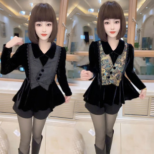 通勤娃娃领减龄假两件收腰显瘦打底衫 新款 女2024春季 网红丝绒衬衫