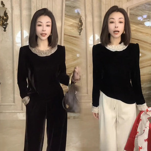 衬衫女2025冬季新款气质减龄飞边洋气拼接显瘦百搭钉珠丝绒打底衫