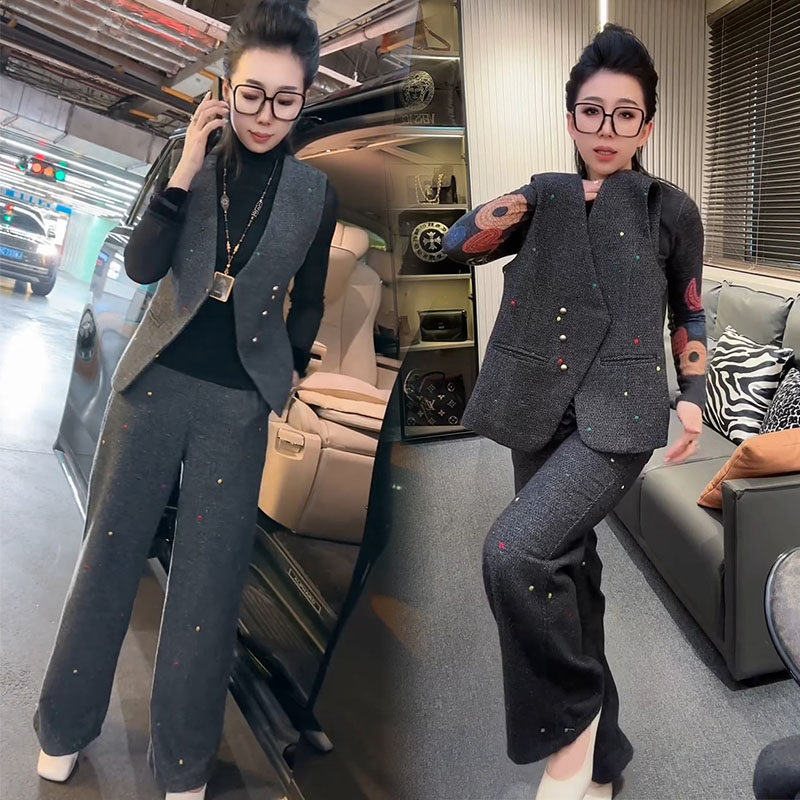 时尚套装女2025冬季新款高档气质通勤马夹阔腿裤显瘦毛呢两件套春,女装/女士精品,时尚套装,淘宝优惠券,粉丝福利购,淘宝优惠卷