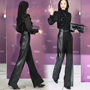 套装 高腰阔腿裤 女网红2023春季 气质名媛T恤 两件套潮 新款 欧货时尚