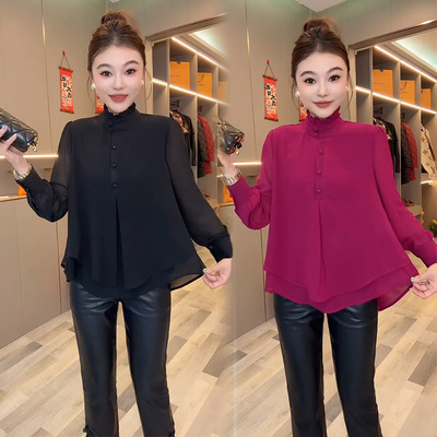 国风气质衬衫女2025春新款设计感荷叶边前短后长盘扣高档雪纺上衣