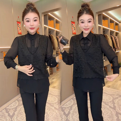通勤长袖蕾丝拼接假两件国风衬衫