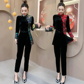 时尚 国风中长款 套装 新年中式 女2025春季 新款 旗袍上衣小脚裤 两件套