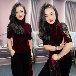 网红同款 t恤女2024春新款 气质女人味钉珠五分袖 半高领丝绒打底衫