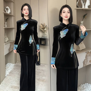 国风时尚套装女2026春季新款气质女神范旗袍上衣阔腿裤显瘦两件套