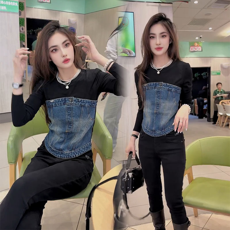 长袖休闲牛仔拼接假两件百搭t恤