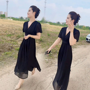 歐貨連衣裙女2025夏新款 長裙 設計感V領氣質名媛高腰顯瘦黑色短袖