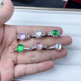 天然冰种玉髓戒指女款 玉石高级感指环翡翠色镶嵌宝石冰透玛瑙戒指