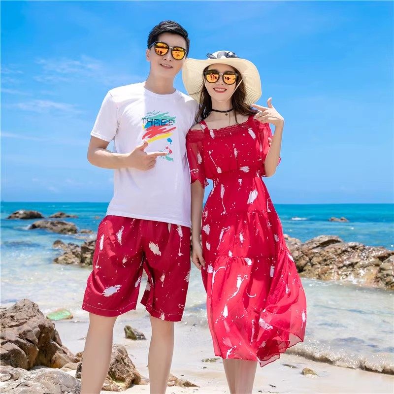 沙漠青海旅游三亚穿搭情侣装夏蜜月旅行海边拍照雪纺裙男沙滩套装