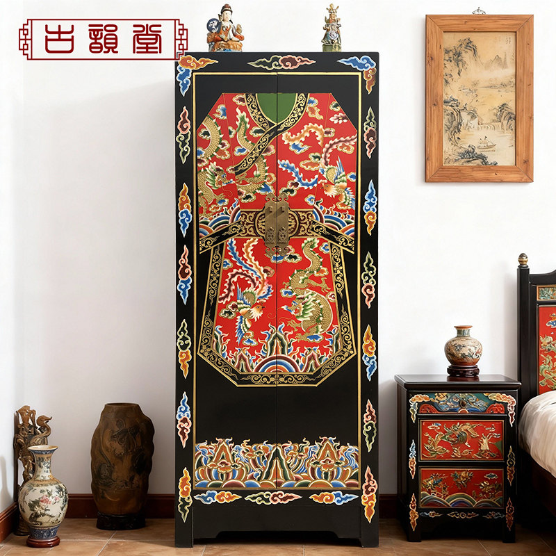 新中式仿古大衣柜做旧彩绘西藏式玄关高柜手绘置物柜酒店民宿家具