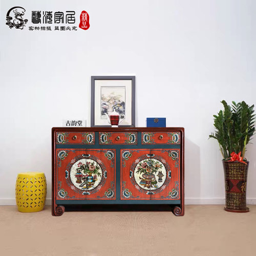 新中式仿古家具实木彩绘客厅隔断门厅玄关柜手绘复古鞋柜装饰边柜