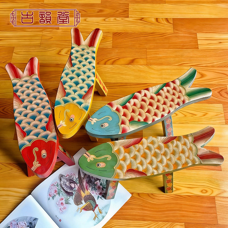 老榆木彩绘小板凳儿童小鱼凳子手绘复古矮凳家用时尚创意滑轮凳子
