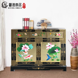 饰柜门口入户玄关柜鞋 柜一体客厅家具金箔彩绘实木餐边柜 装 新中式