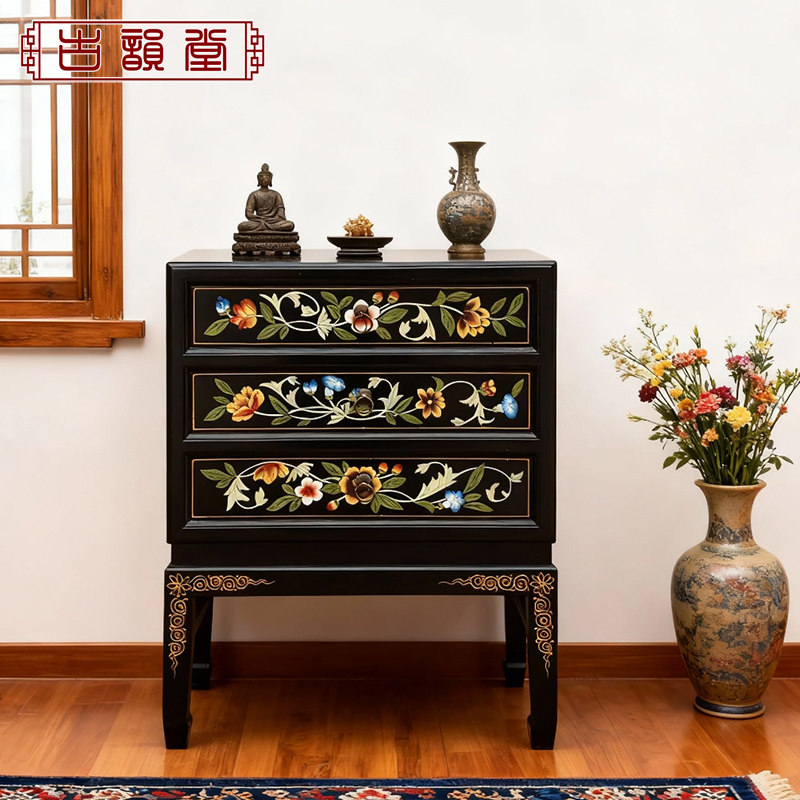 床头柜彩绘三屉手绘斗柜边柜角柜仿古可定做制中国风实木藏式家具