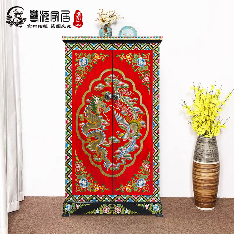 中式手绘复古做旧立体玄关两门柜