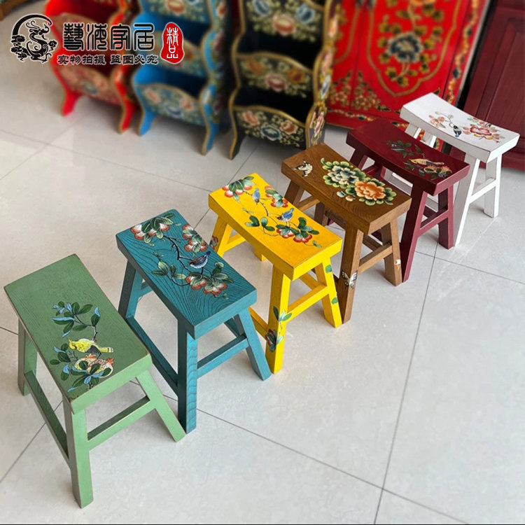 实木仿古凳子彩绘花鸟老榆木换鞋凳新中式餐凳儿童凳复古手绘矮凳,住宅家具,梳妆凳,淘宝优惠券,粉丝福利购,淘宝优惠卷