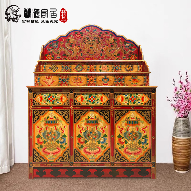 藏式实木三层佛龛供桌供台中式彩绘佛柜藏传密宗西藏神台立柜神龛